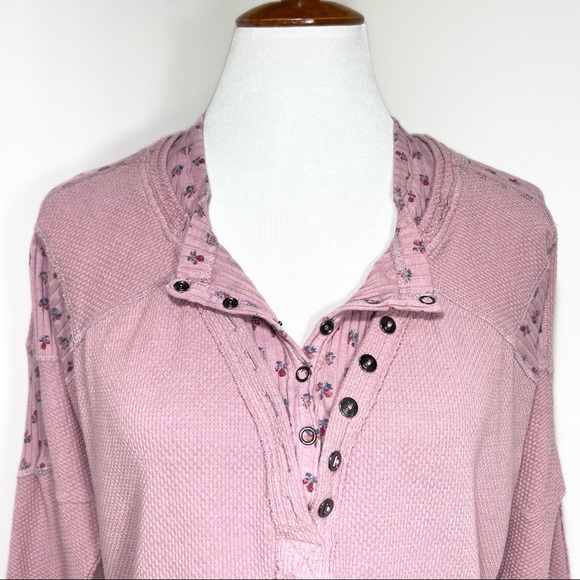 SOLD-Free People Layered Look Lavender Cherry Print Thermal Henley Knit Top - Picture 4 of 12
